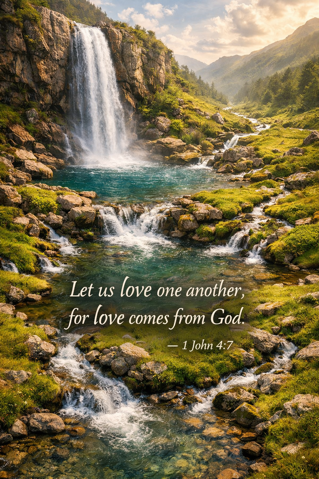 1 John 4:7 vertical wallpaper with cascading waterfall feeding multiple streams through lush green valley